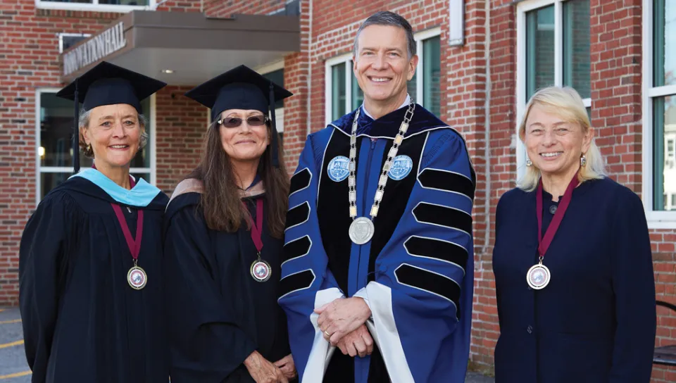 Inductees Nancy Grant, Susan Hammond, and Janet Mills with U N E President Herbert