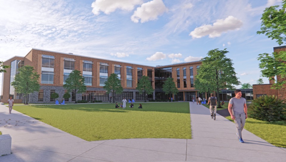 Rendering of the outside of the new U N E College of Osteopathic Medicine building on the Portland Campus