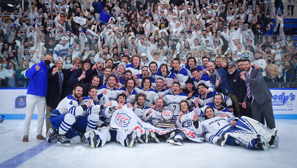 UNE Men's ice hockey team after winning the CCC Championship