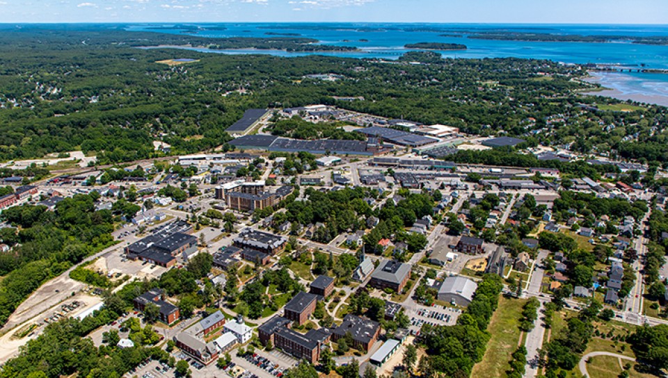 An aerial shot of the Portland, Maine campus