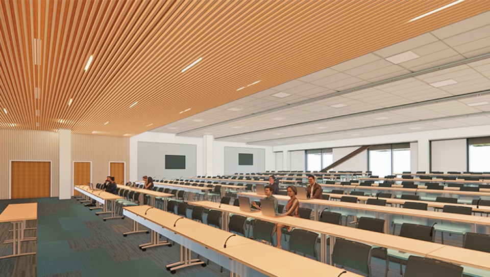 A rendering depicts the inside of the main lecture hall