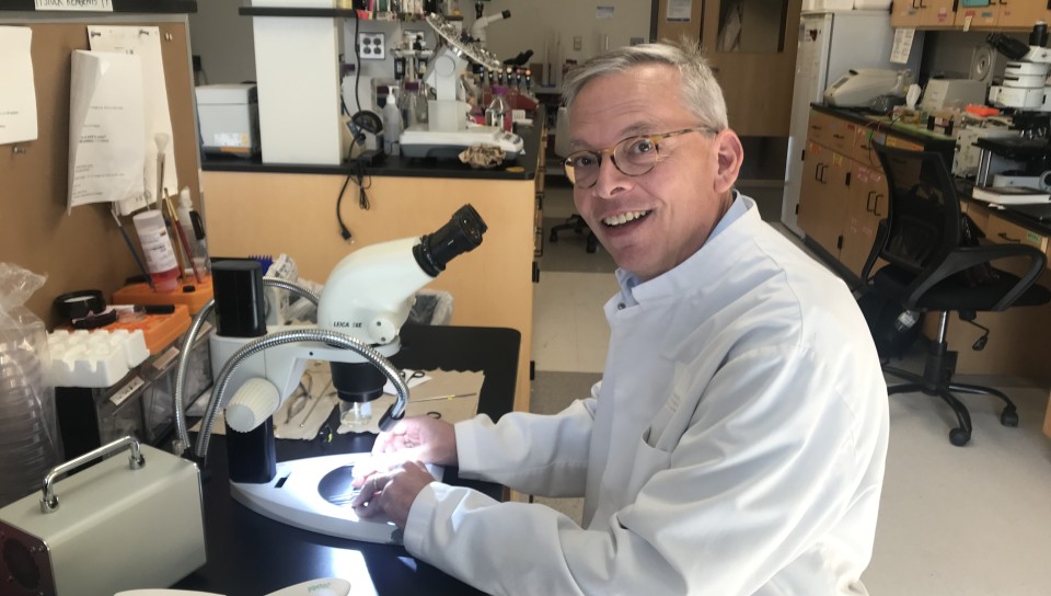Researcher Kerry Tucker poses in his lab with a microscope