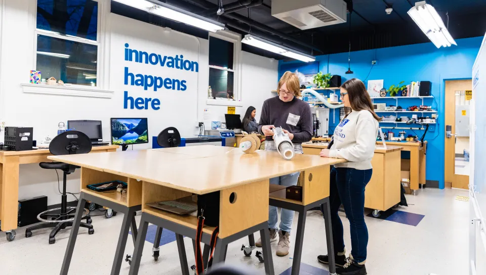 Students work on projects in UNE's P.D. Merrill Makerspace