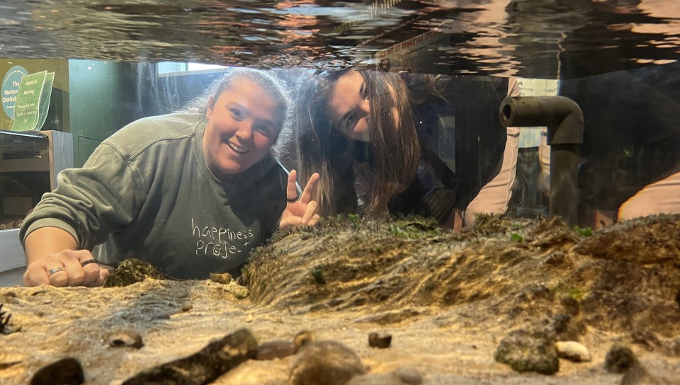 Two female students pose through the touch tank at the museum aquarium