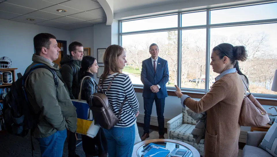 A Ukrainian delegation meets with President James Herbert in his office
