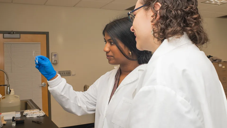 Two students review a microscope slide
