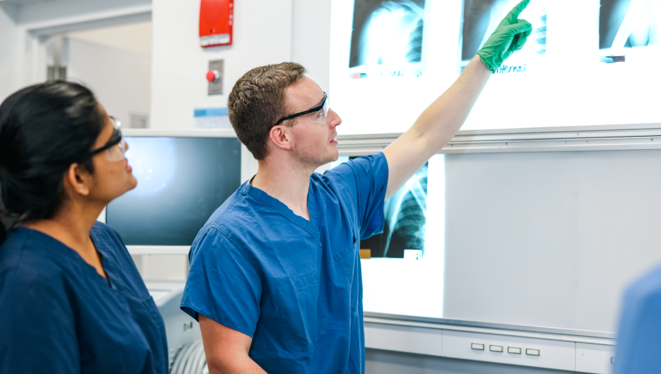 Students evaluate x-rays in the human body donor lab