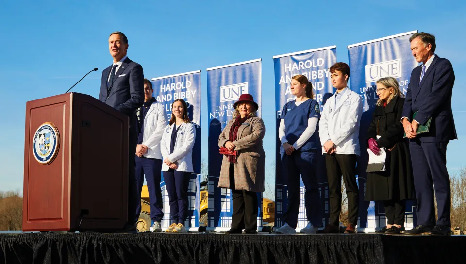 U N E President James Herbert speaks at the groundbreaking of the Harold and Bibby Center for Health Sciences on U N E's Portland campus
