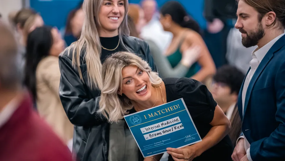 A female student smiles as she celebrates  herMatch Day placement