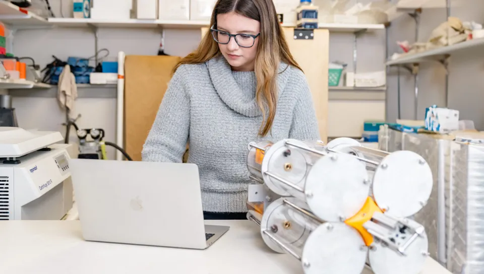 A marine science student works on their laptop in a lab
