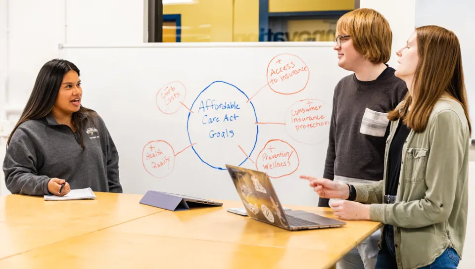 Three students in front of a whiteboard that has a mind map drawn on it of affordable care act goals information
