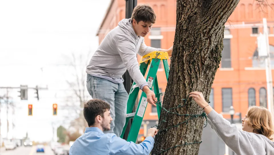 UNE students help to decorate Biddeford with lights.