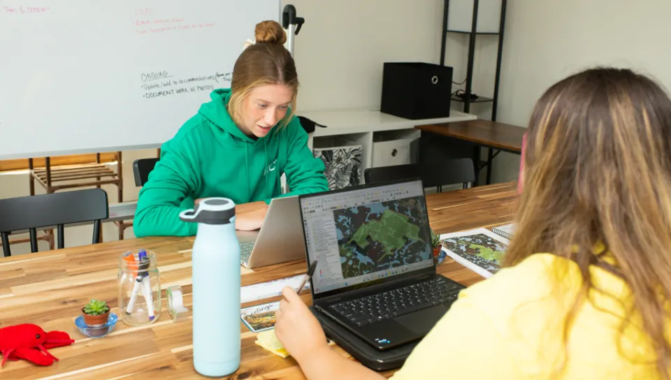 Two students working on visual map data on their laptops