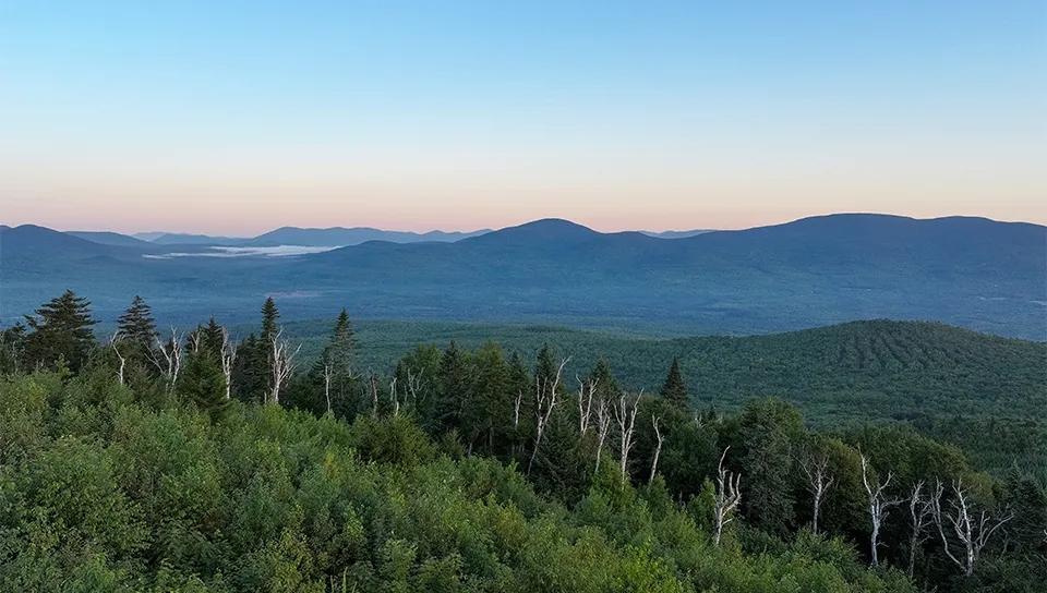 The early morning landscape of the Bigelow Preserve and the mountians in the distance