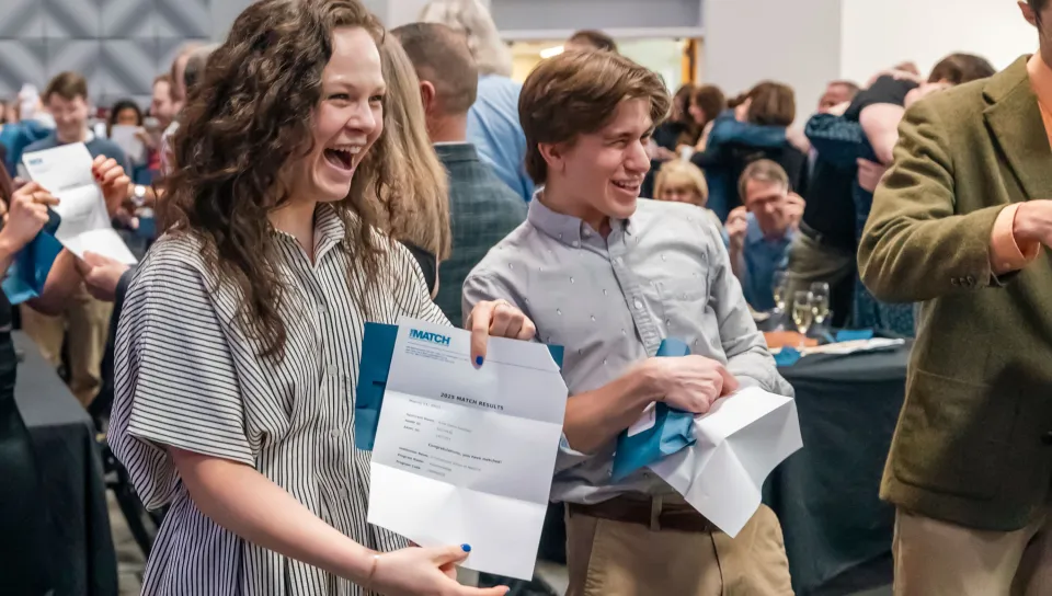 UNE students celebrate their residency match places in Girard Innovation Hall