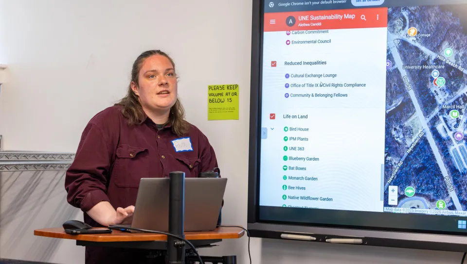 Ruth Ellis presents her sustainability map on a large TV screen