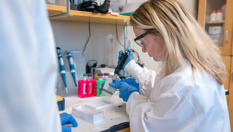 A student wearing safety glasses and blue gloves pipettes liquid into a container