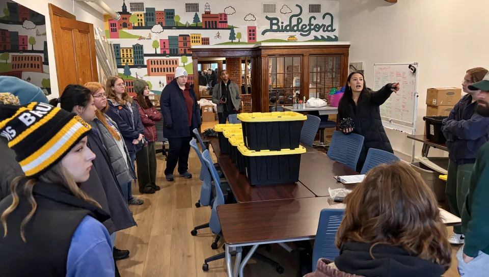 Since 2017, the University of New England students have volunteered to help the Heart of Biddeford non-profit decorate downtown Biddeford with holiday lights. This year, the light brigade showed up in force on Nov. 16 as 28 students climbed ladders up and down Main Street to help hang lights and decorate the town for the holidays.