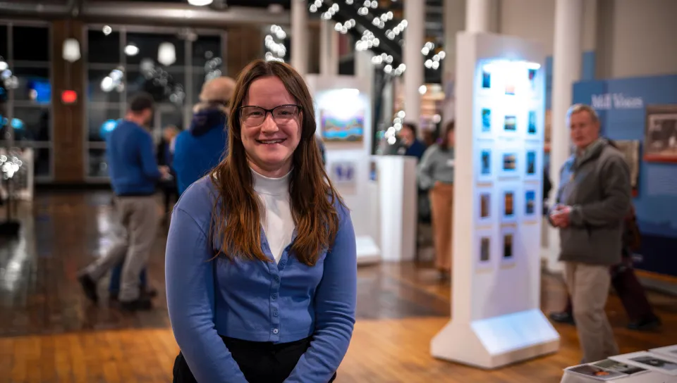 Portrait of Miranda Carrabba inside a former mill building in Biddeford