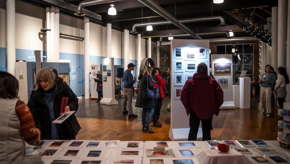A wide shot of an art gallery exhibition