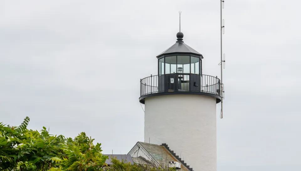 White cylindrical lighthouse with black lantern room and railing, surrounded by green foliage and buildings under an overcast sky.