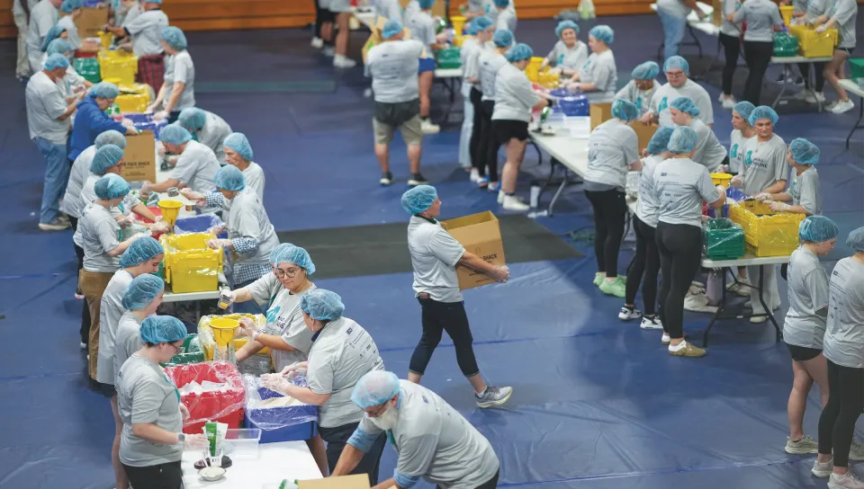An areil view of the U N E Meals for Maine event where volunteers package meals for those experinceing food insecurity