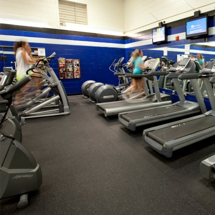 Students using cardio machines including a stationary bike and treadmill