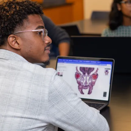 A student in a classroom has an anatomical image on their laptop screen