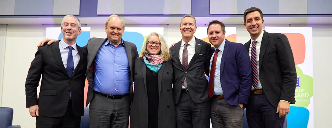 Bryan Caplan, Robin Hanson, Shannon Zlotkowski, Hyrum and Verlan Lewis posing for a photo at the 2024 fall President's Forum