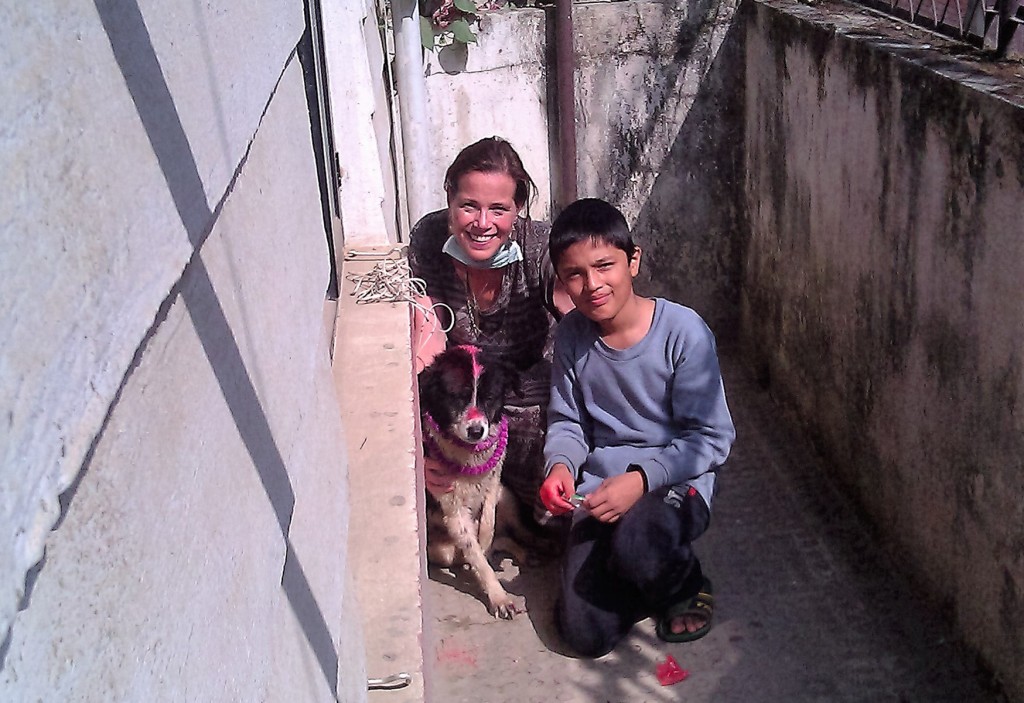 Molly with boy and honored dog part of Hindu festival Tihar