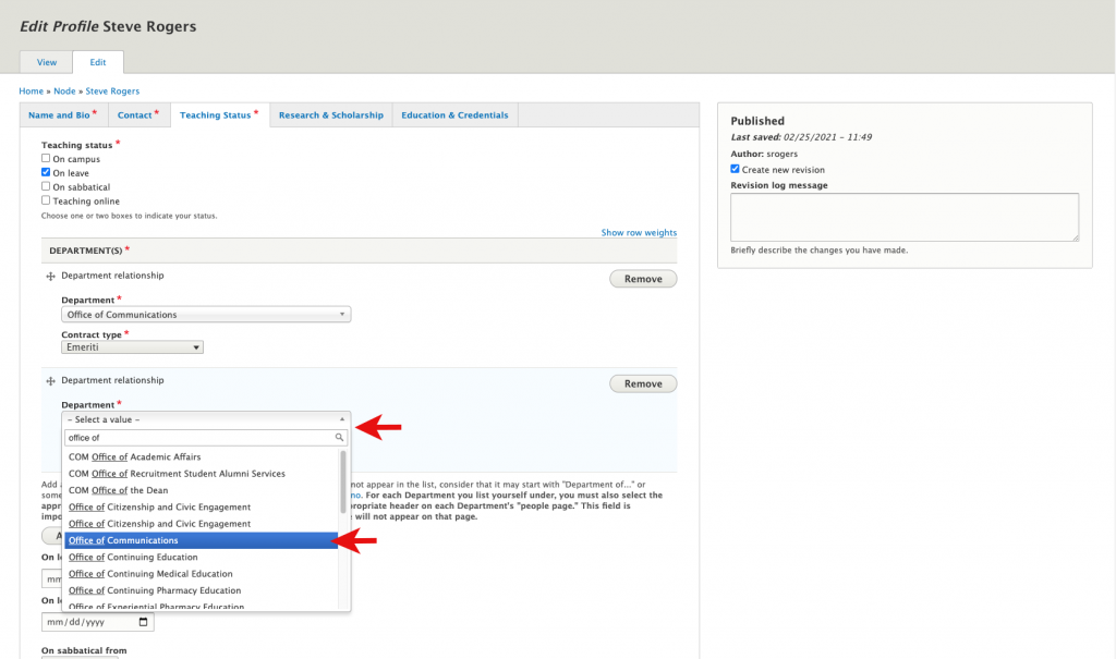 Screenshot of the profile editing portal with arrows showing users where to select their departmental relationships