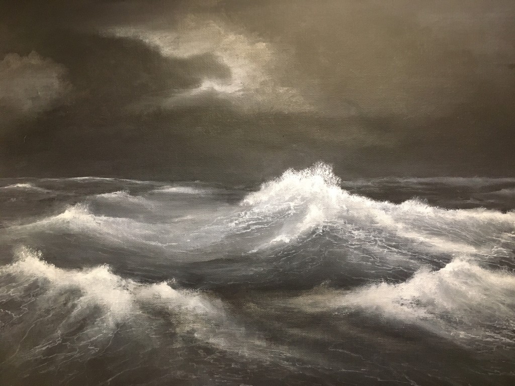 "Night Sea," an oil painting of ocean waves by Ted Johnson