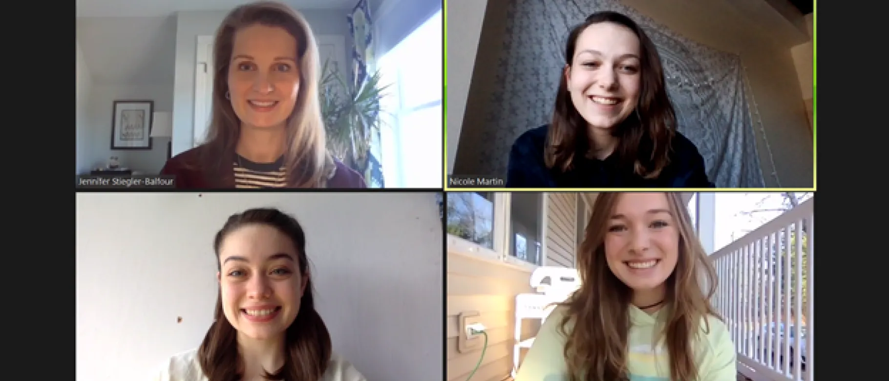 Clockwise from left: , Jennifer Stiegler-Balfour, Ph.D., Nicole Martin (Psychology, ’21), Grace Bernatchez (Psychology, ’21), and Aubrey Sahouria (Neuroscience, ’22)