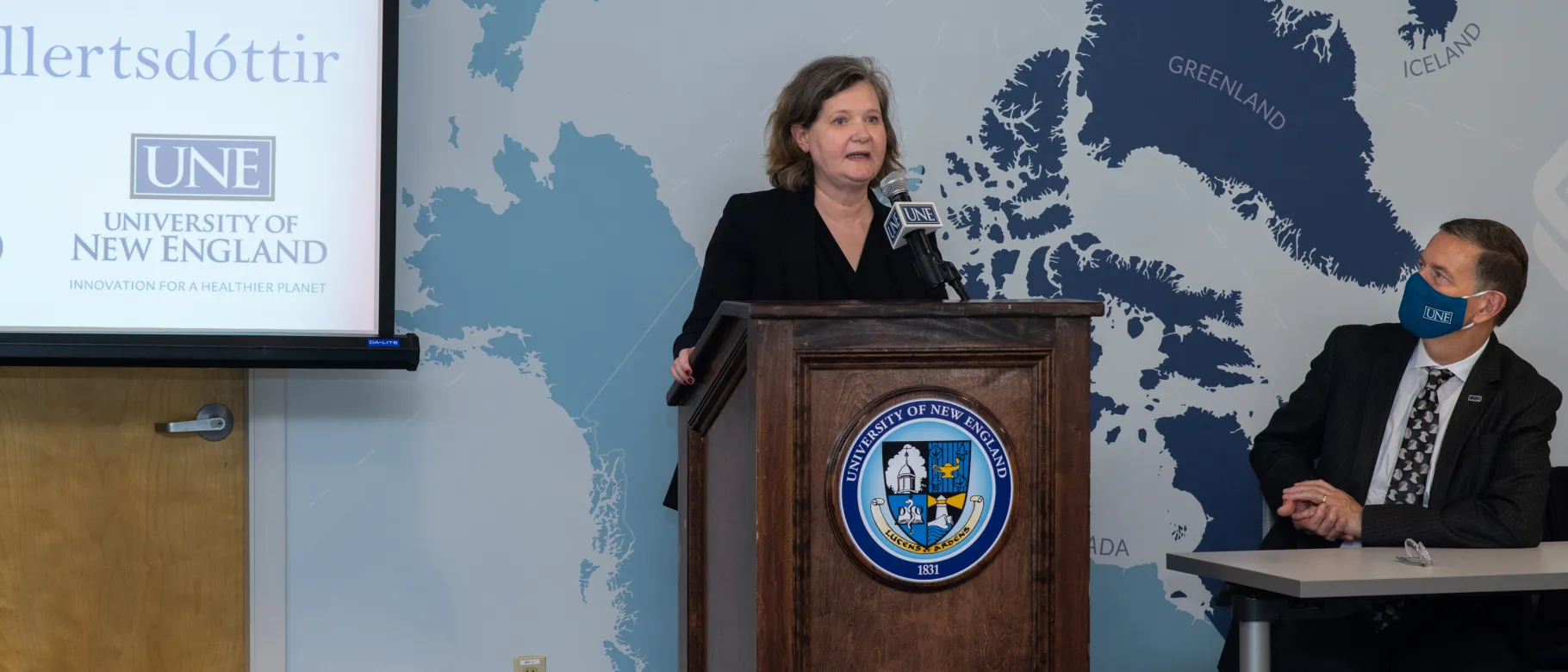 Icelandic Ambassador Bergdís Ellertsdóttir and UNE President James D. Herbert