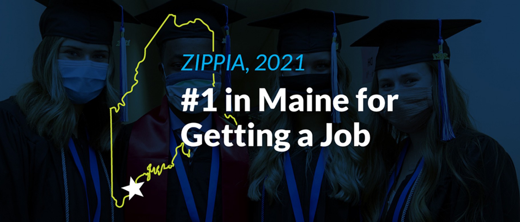 Graphic of Maine outline with blue overlay with words saying UNE is #1 in Maine for Getting a Job  