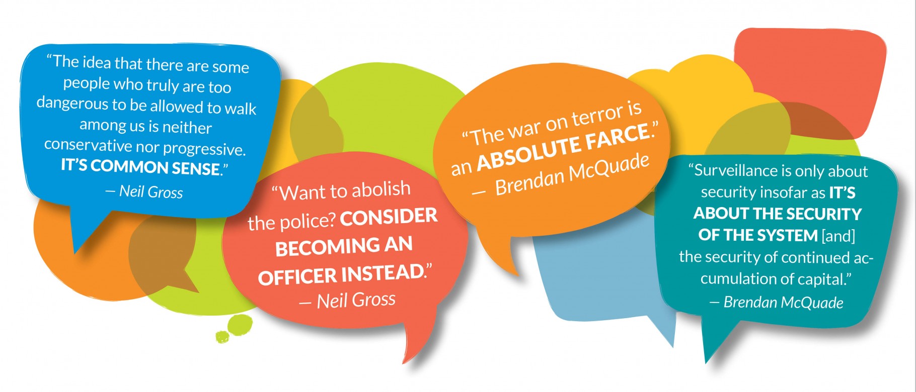 Speech bubbles show text from upcoming President's Forum speakers Neil Gross and Brendan McQuade