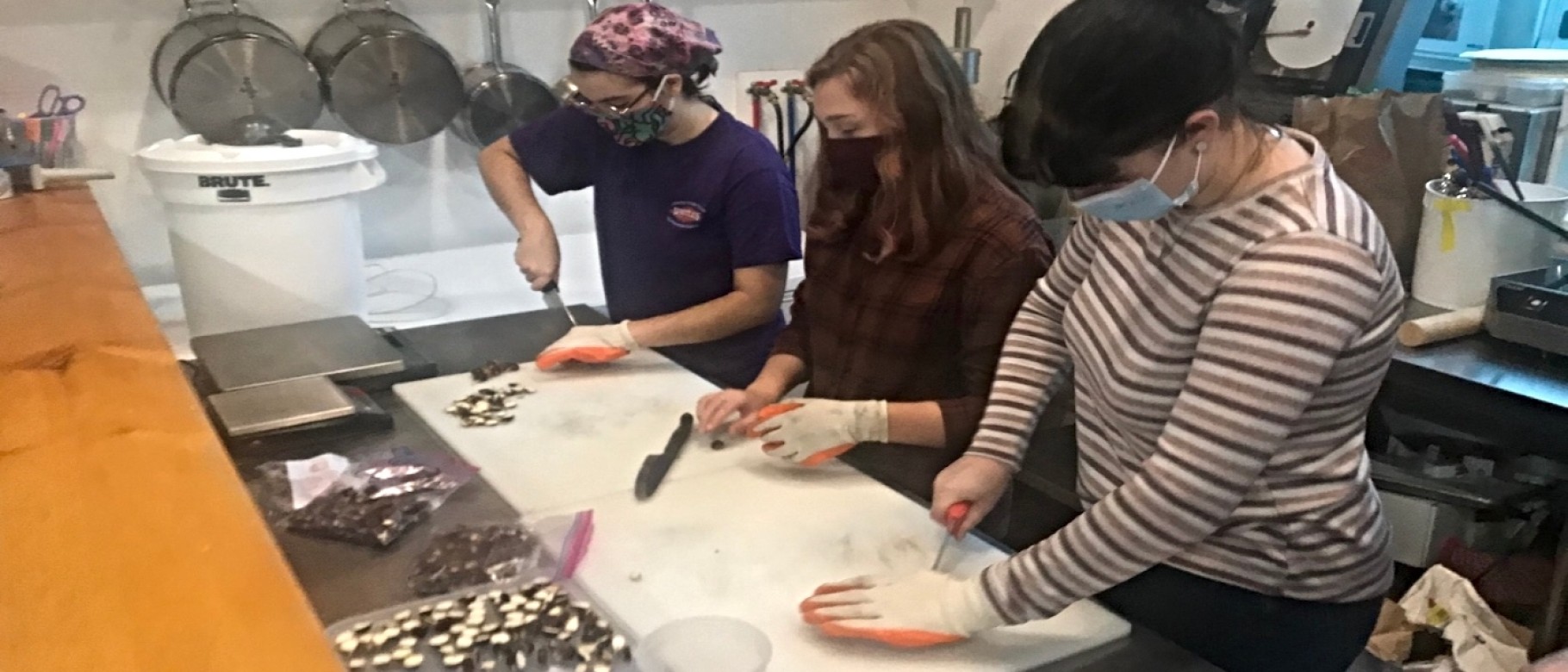 Students Virginia May, Kate Ganley, and Jocelyn LaClair remove chestnuts from their shells