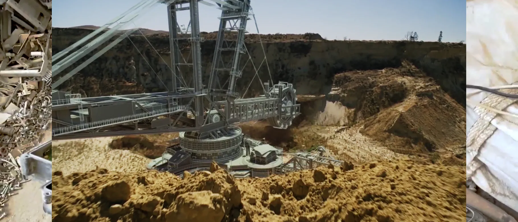 A still image of a crane in a gravel pit taken from a Postphotorealism video  by Steven Cottingham