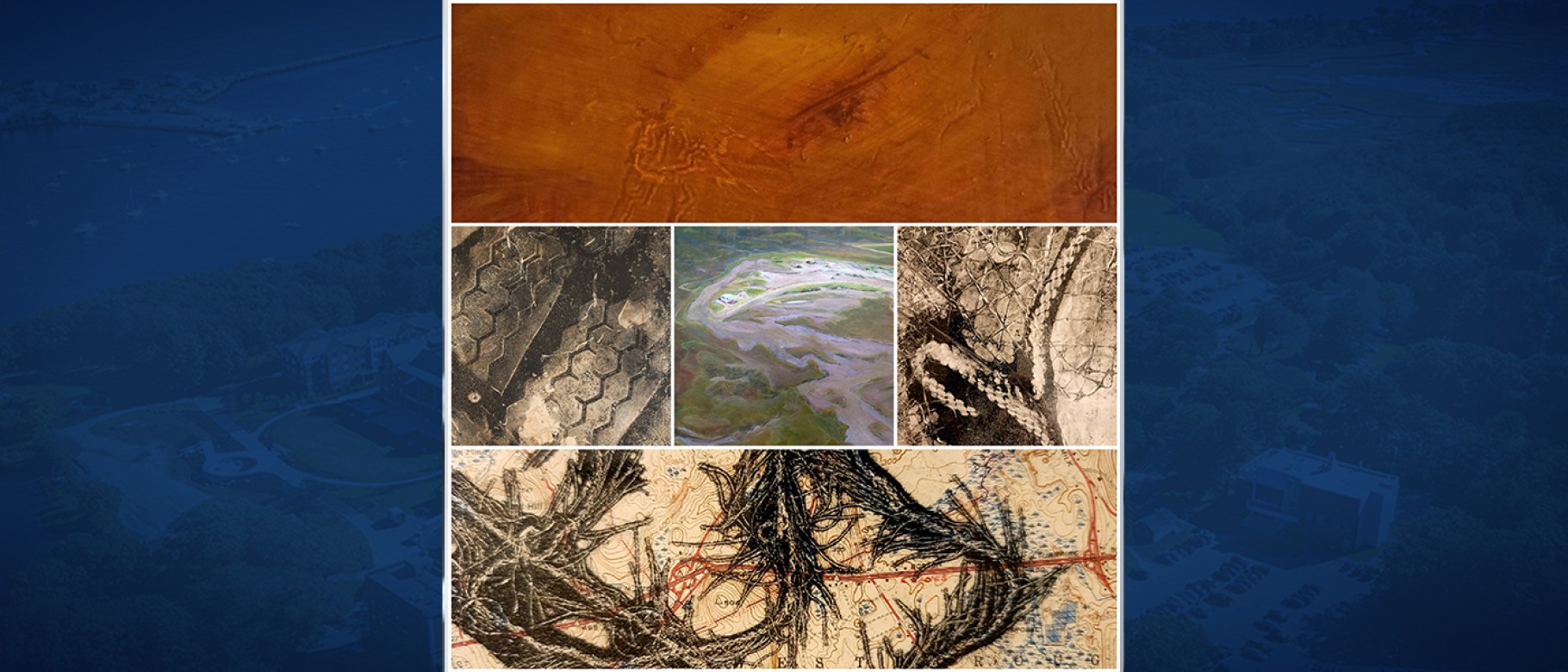 A collage of images from the exhibit "Paradox of Landscape" — includes prints and paintings of tire treads, waterways, and fisherman's rope
