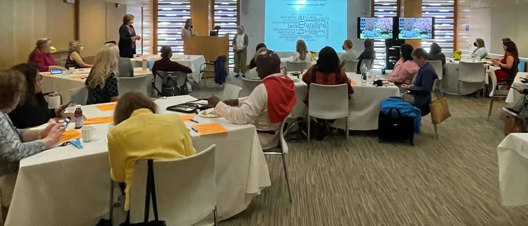 UNE faculty and staff present on interprofessional education to in a conference room at Salem State University