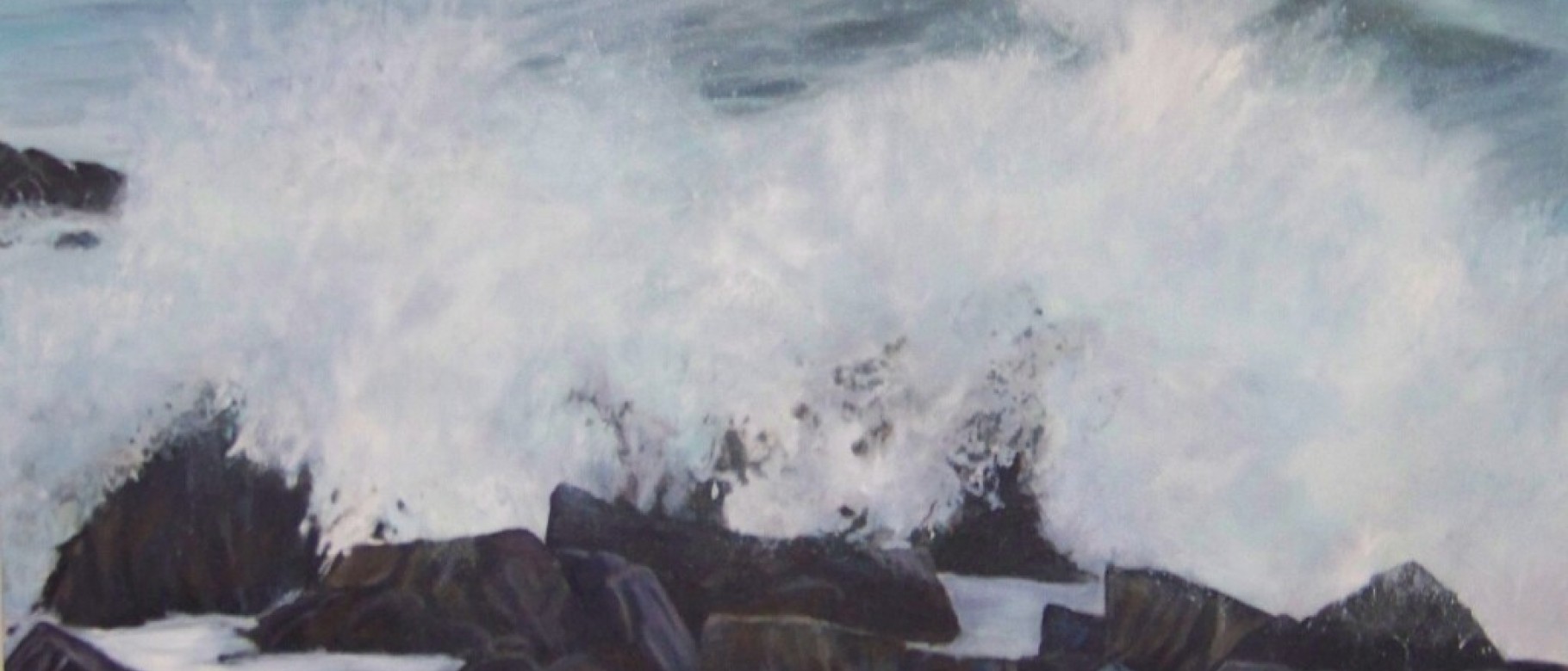 Painting of waves crashing over ocean rocks