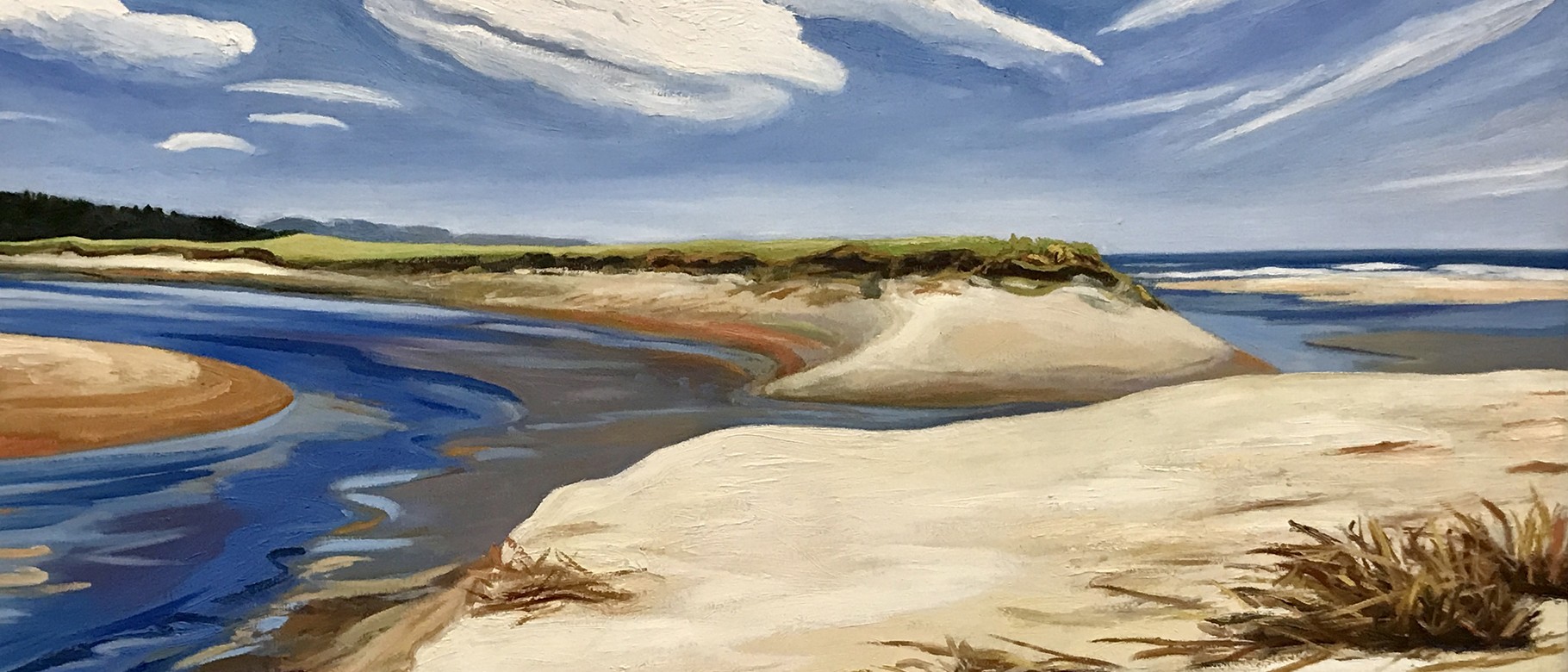 Landscape painting of water and sand dunes, entitled "The Breach," by Adrienne LaVallee