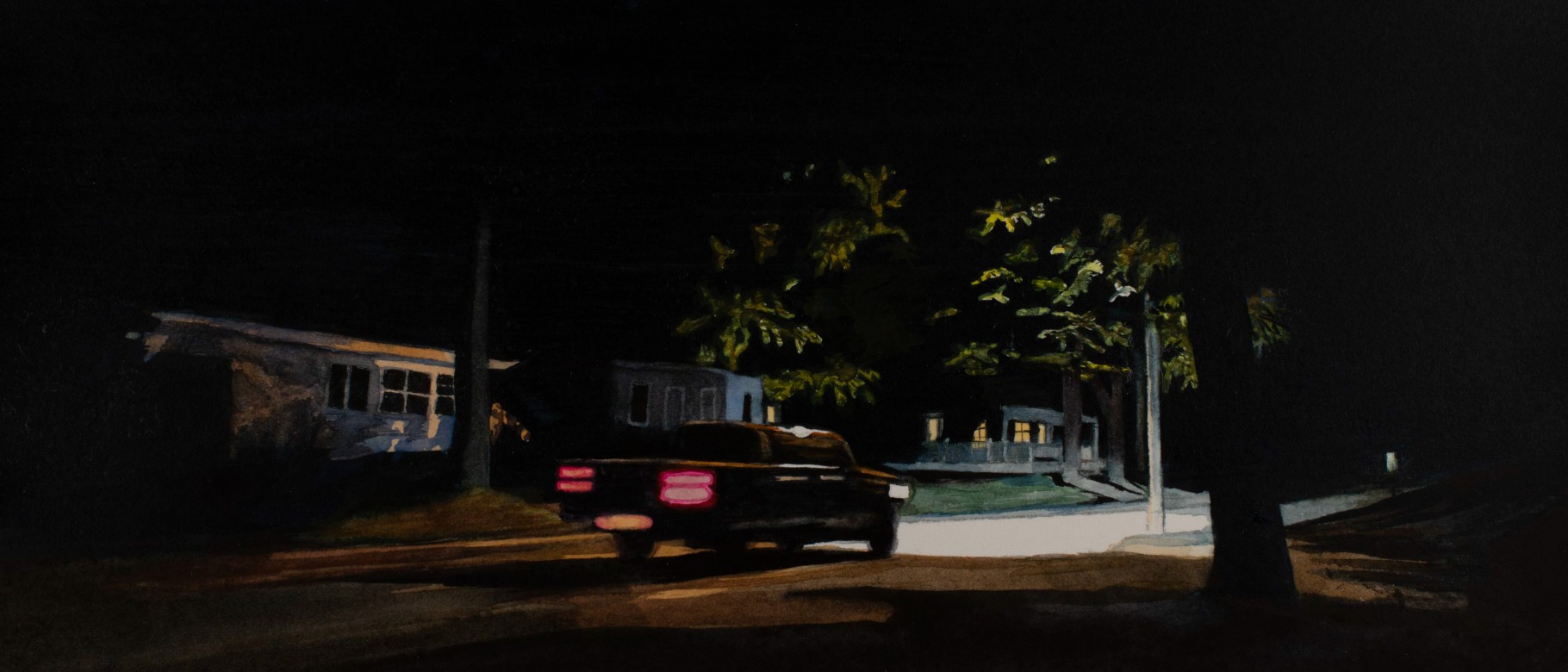 Watercolor painting of a car zooming down a road at night