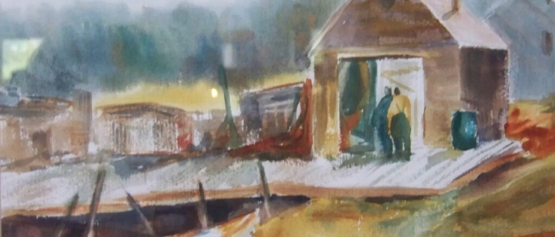Painting of a fisherman's house with canoes in front