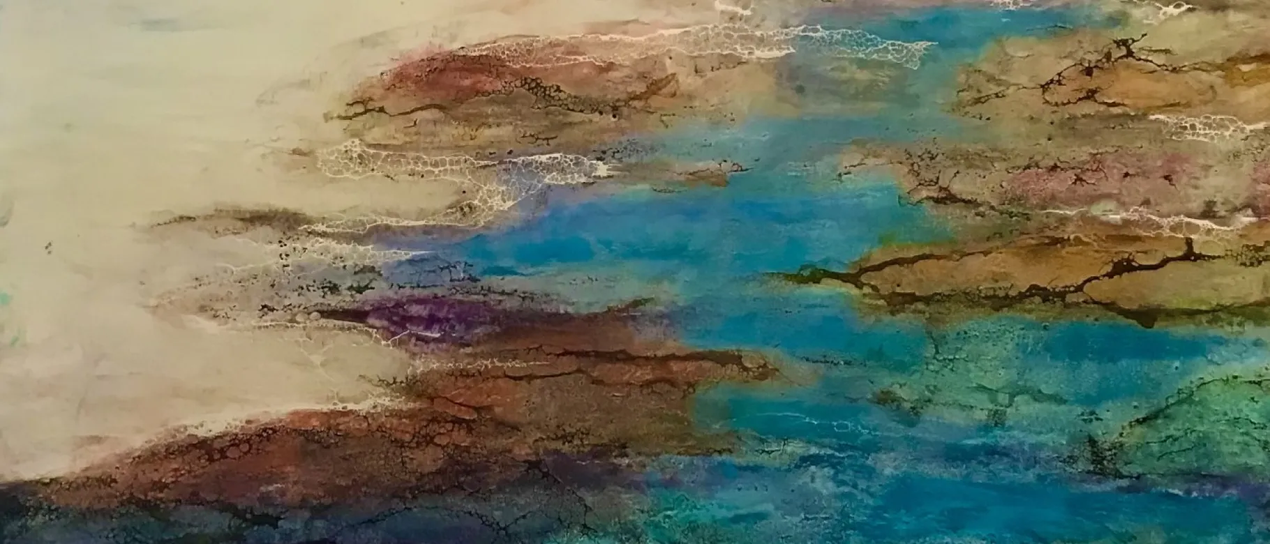 An encaustic painting depicting a river with multiple shades of blue, green, and purple