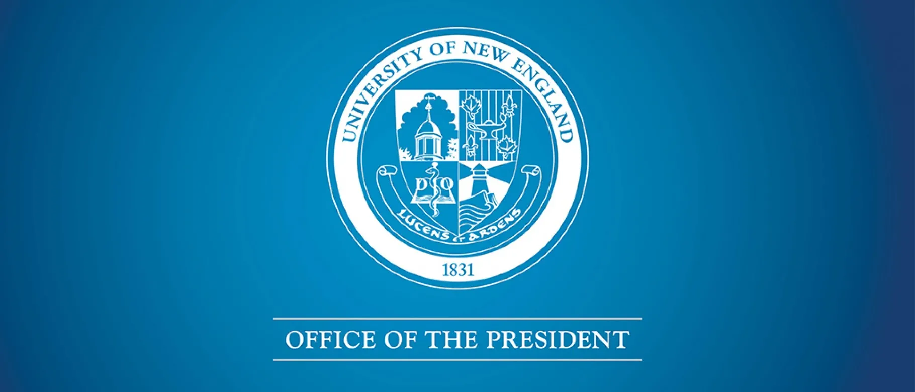 A white graphic with the UNE official seal and text saying "Office of the President" over a blue background