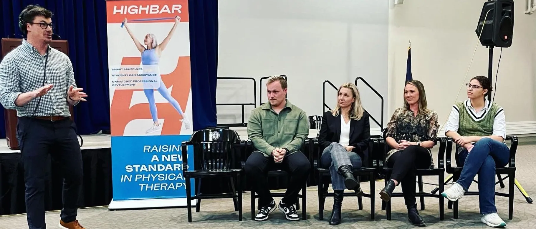 Podcast host Jimmy McKay interviews a group of UNE physical therapy students and faculty in Innovation Hall