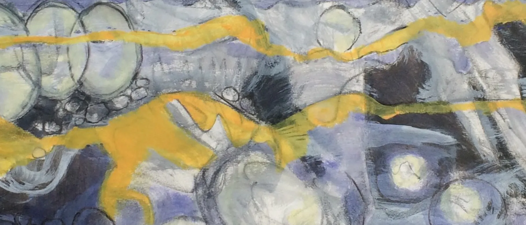 A black and gray abstract painting featuring circles, oblong shapes, and yellow streaks