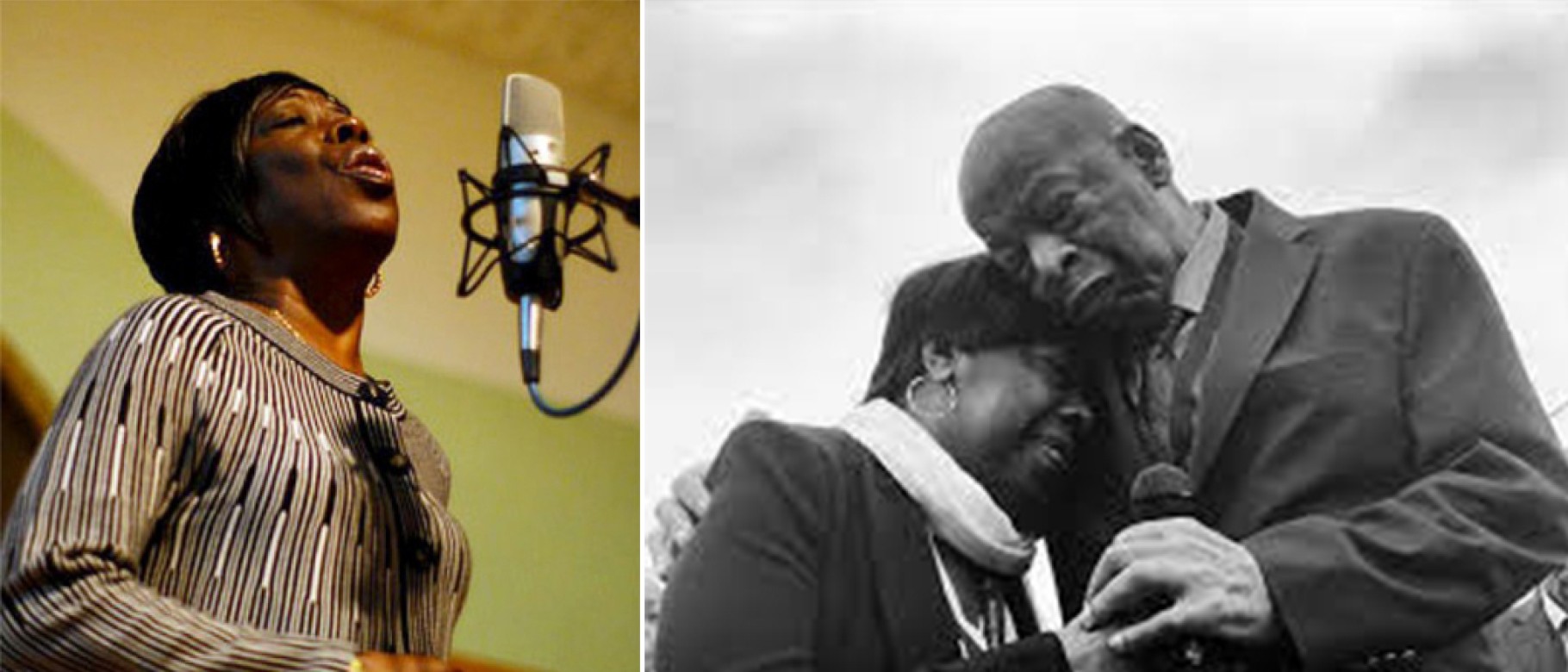 A composite of two images featuring, at left, Bettie Mae Fikes singing into a microphone and, at right, a black and white image of her embracing Martin Luther King Jr.