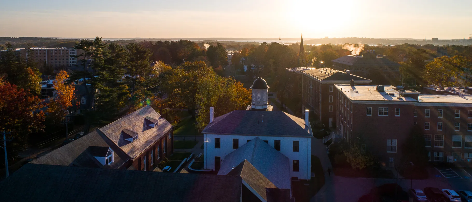 Drone image of Portland Campus and surrounding area at sunset